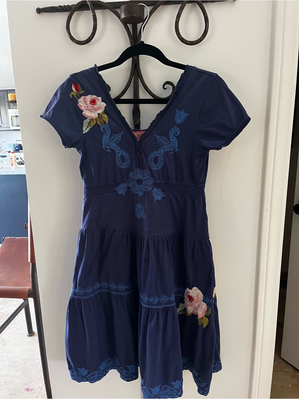 Johnny Was Embroidered Navy Floral Tiered Dress